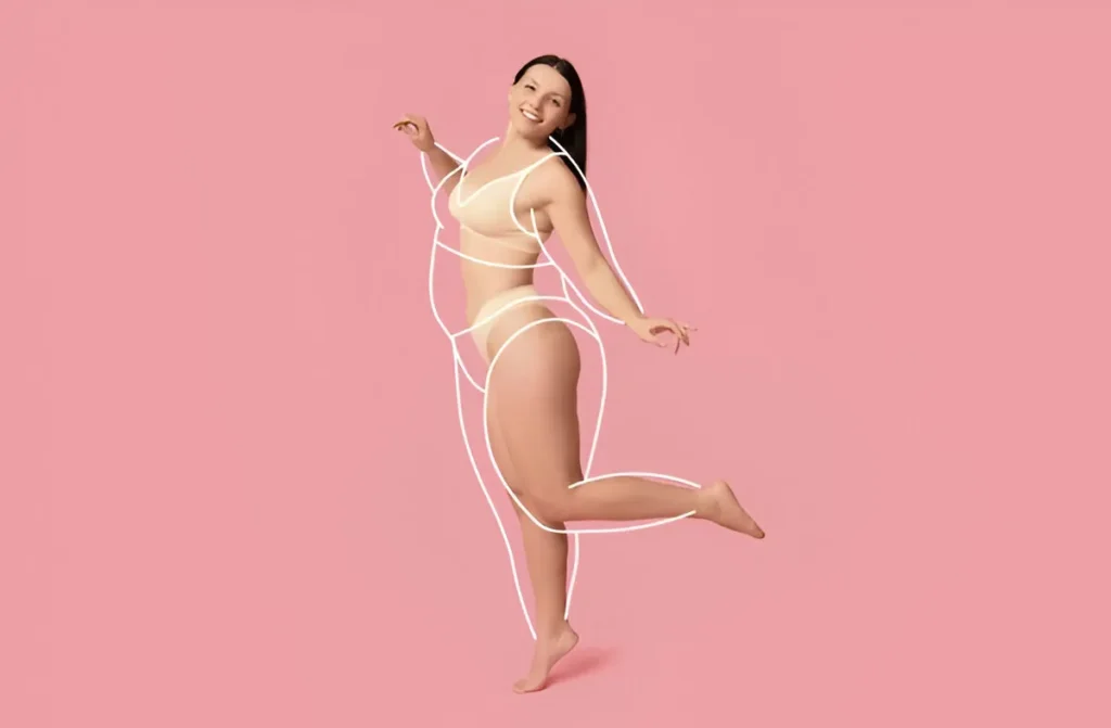 Happy woman showing before and after outline of body transformation from weight loss